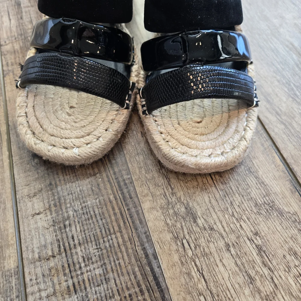 Vince Camuto Black Mixed Texture Espadrille Wedge Slide Sandals Size 7.5